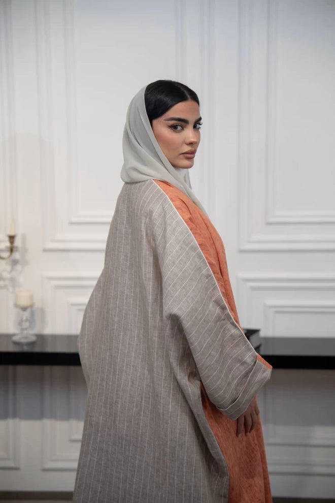 عباية كتان مخططة باللونين البرتقالي والبيج C:IB325 برتقالي (مقاس واحد) 