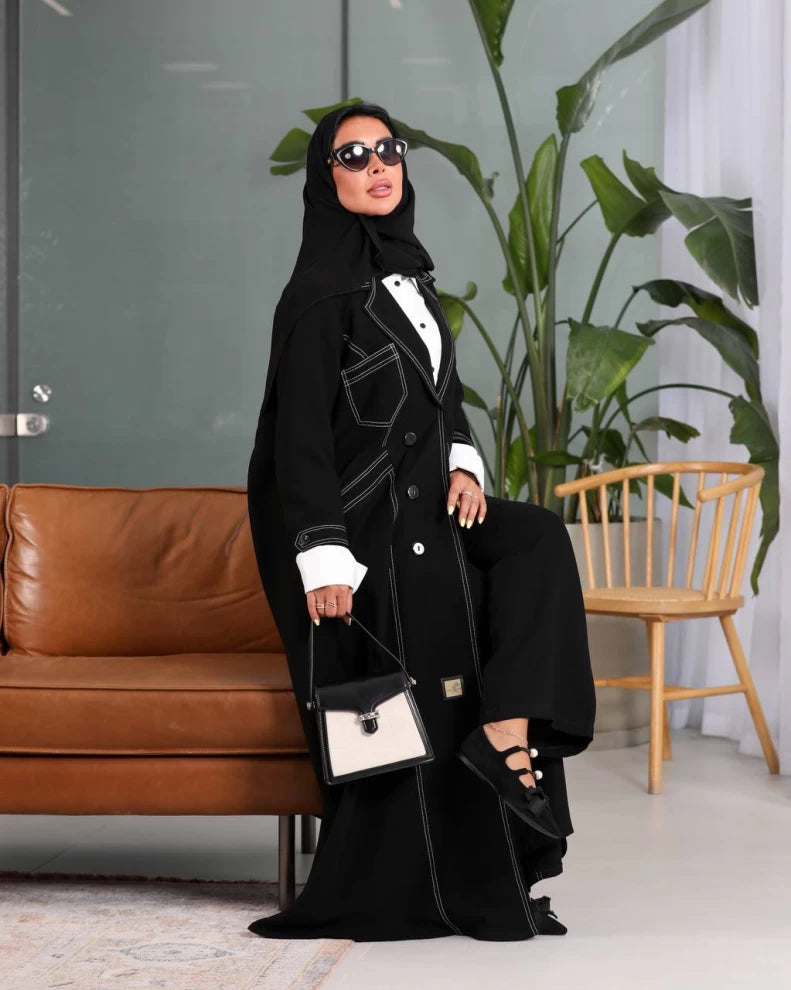 Black Crepe Abaya with White Embroidery Front IB209