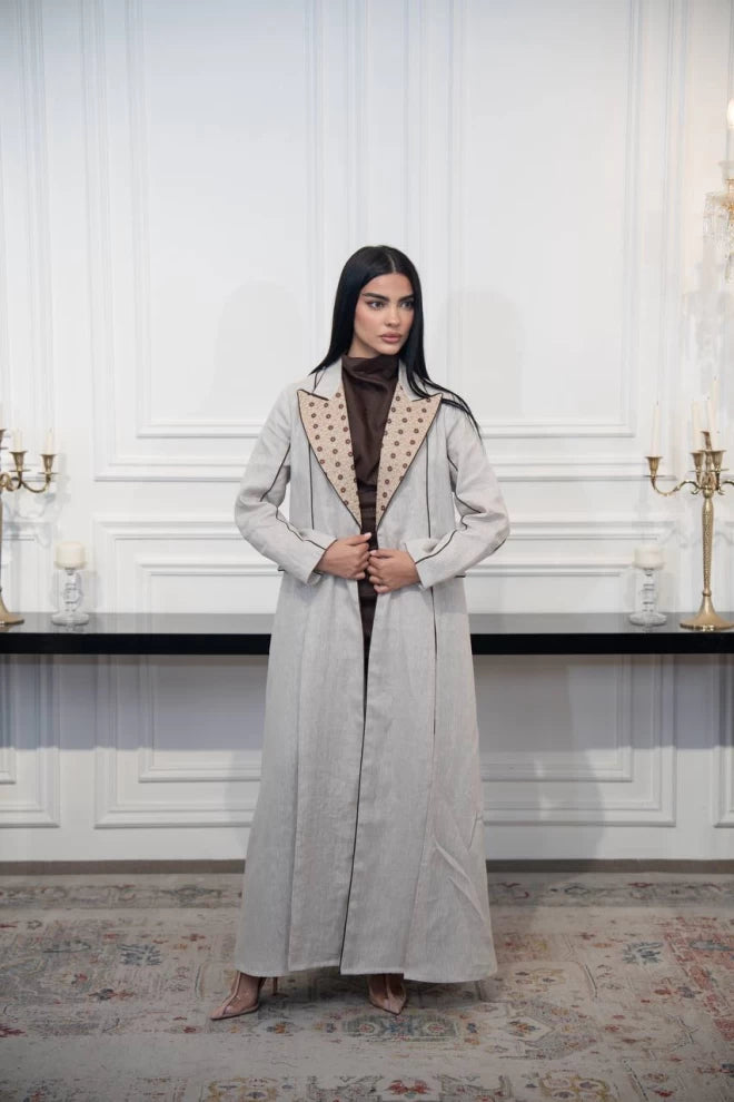 عباية بليزر كتان بيج مع تطريز C:IB329 بيج