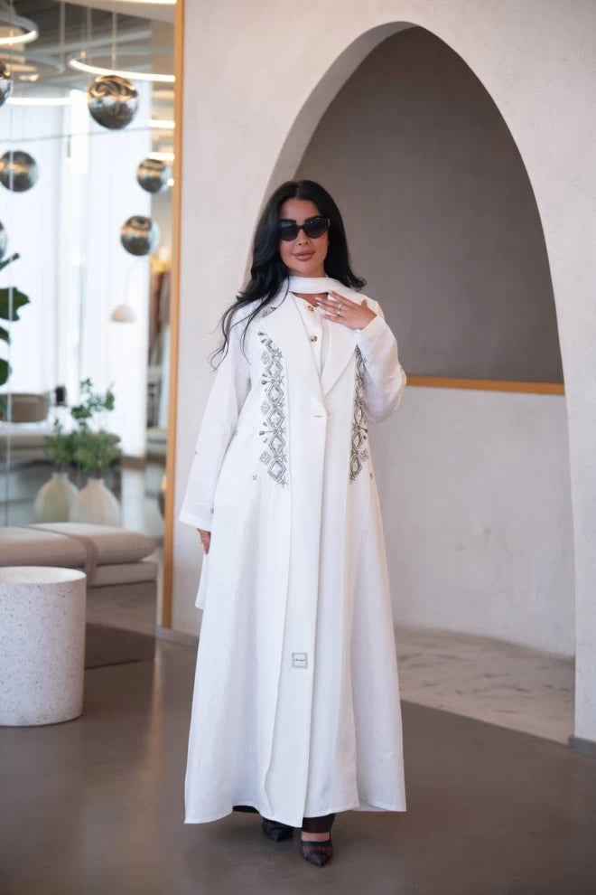 White linen and crepe blazer abaya with hand embroidery C:IB323 White