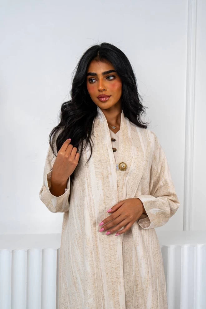 Linen Jacquard Abaya Beige IB236
