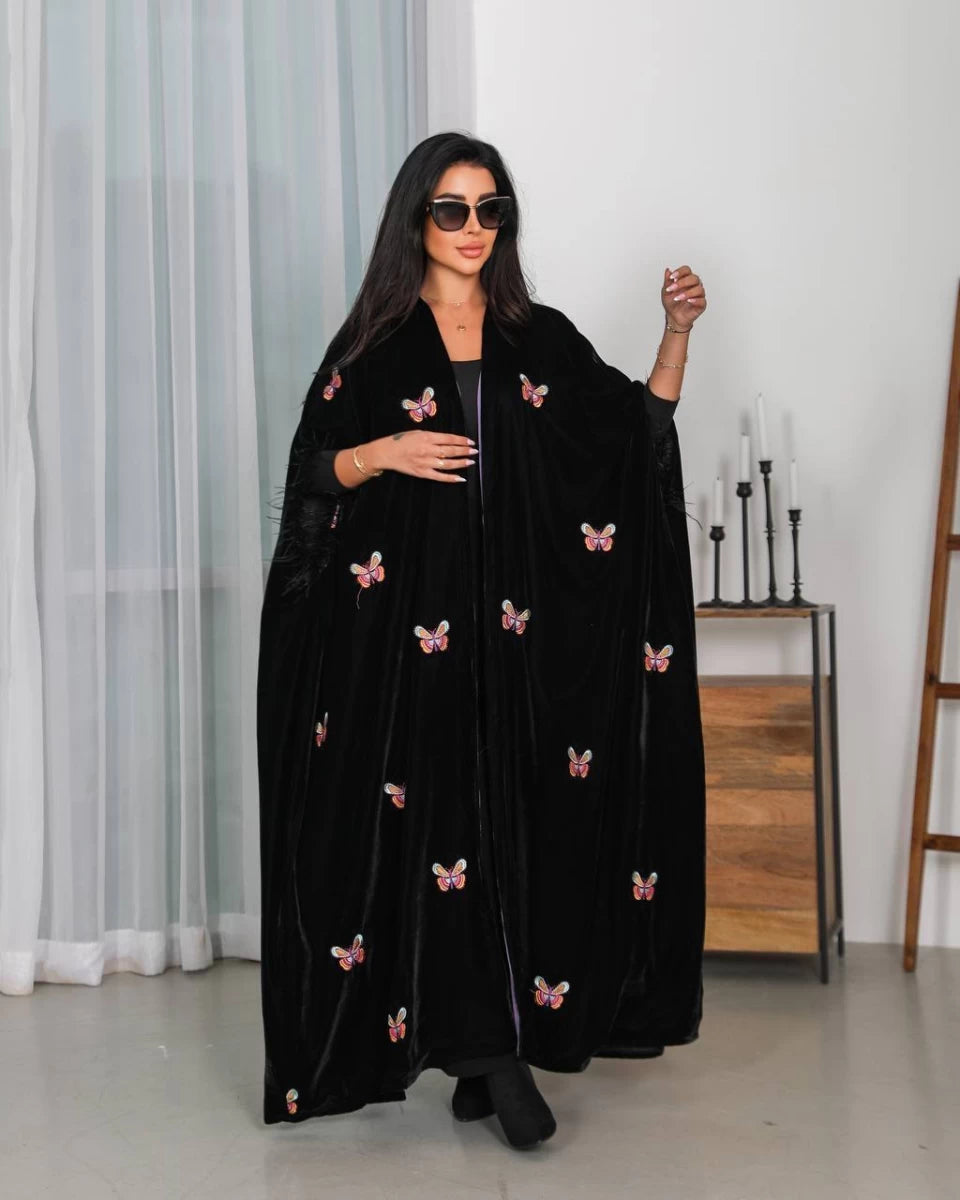 Abaya velvet bisht with butterfly embroidery IB247 (Free size)
