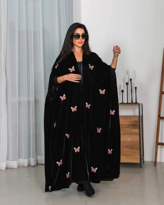 Abaya velvet bisht with butterfly embroidery IB247 (Free size)