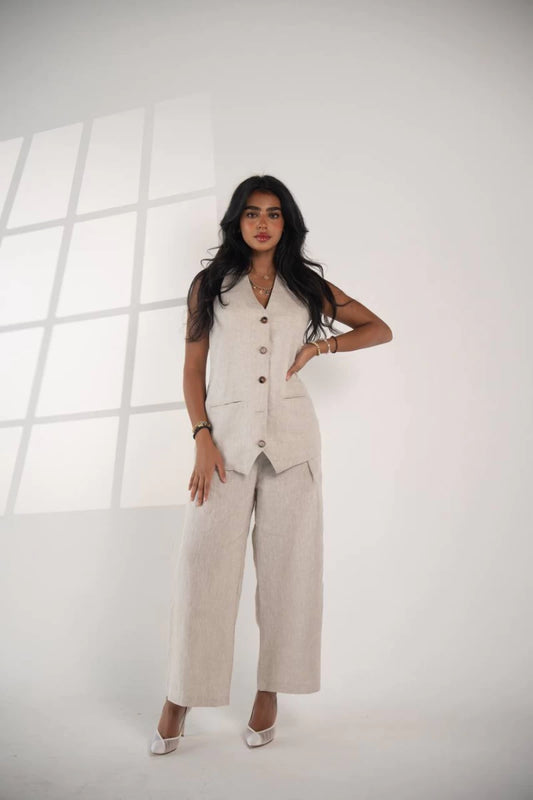 طقم سترة وبنطلون من الكتان البيج، C:IB1085 بيج 