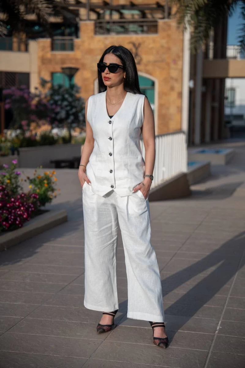 طقم سترة وبنطلون من الكتان الأبيض C:IB1085 أبيض 