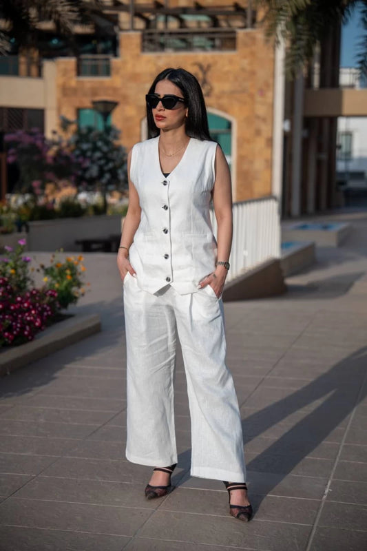 طقم سترة وبنطلون من الكتان الأبيض C:IB1085 أبيض 