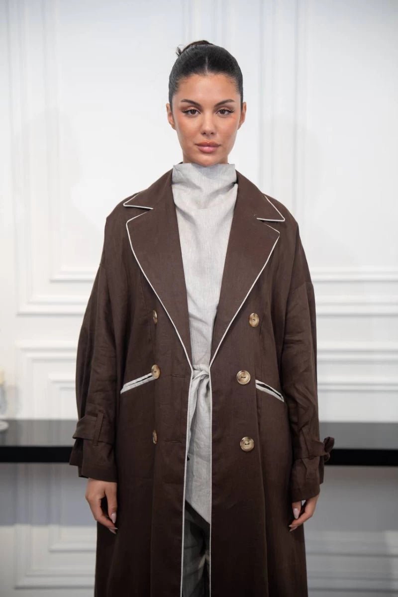 عباية بليزر من الكتان باللون البني C:IB327 بني (مقاس واحد) 