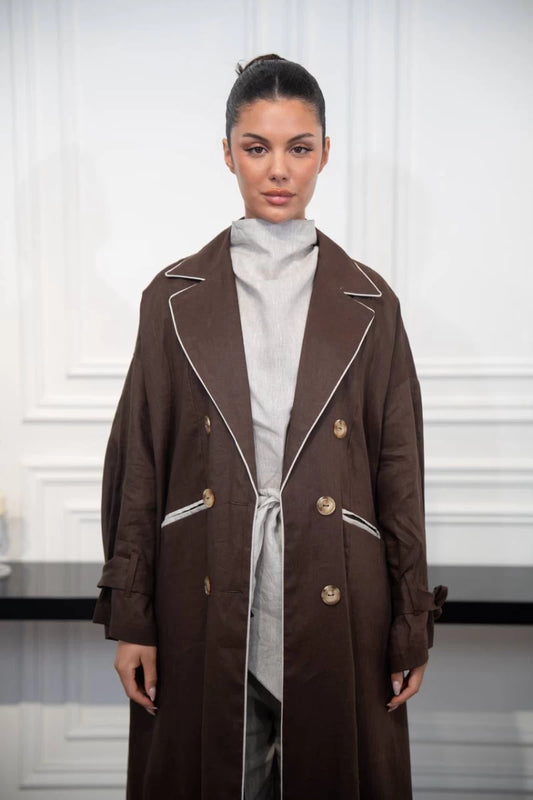 عباية بليزر من الكتان باللون البني C:IB327 بني (مقاس واحد) 