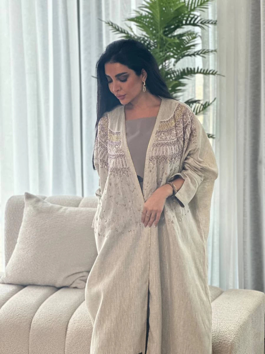 عبايه لينن بيج مع شك IB142 Beage