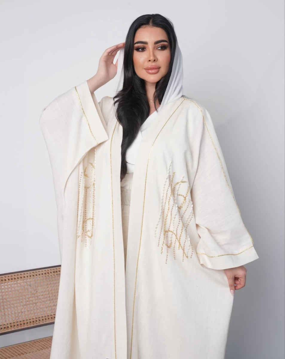 عبايه لينن بلون الابيض مع شك يدوي IB153 white