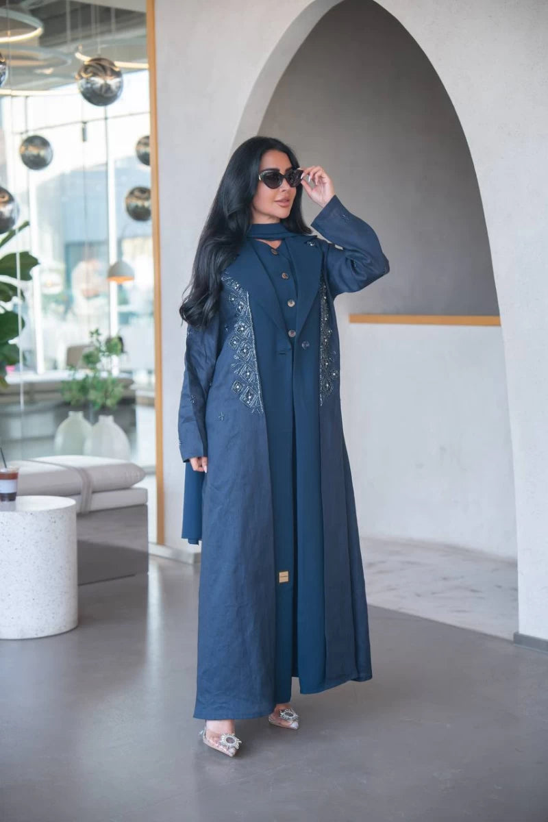 Navy blue linen blazer abaya with crepe and hand embroidery C:IB323 Navy