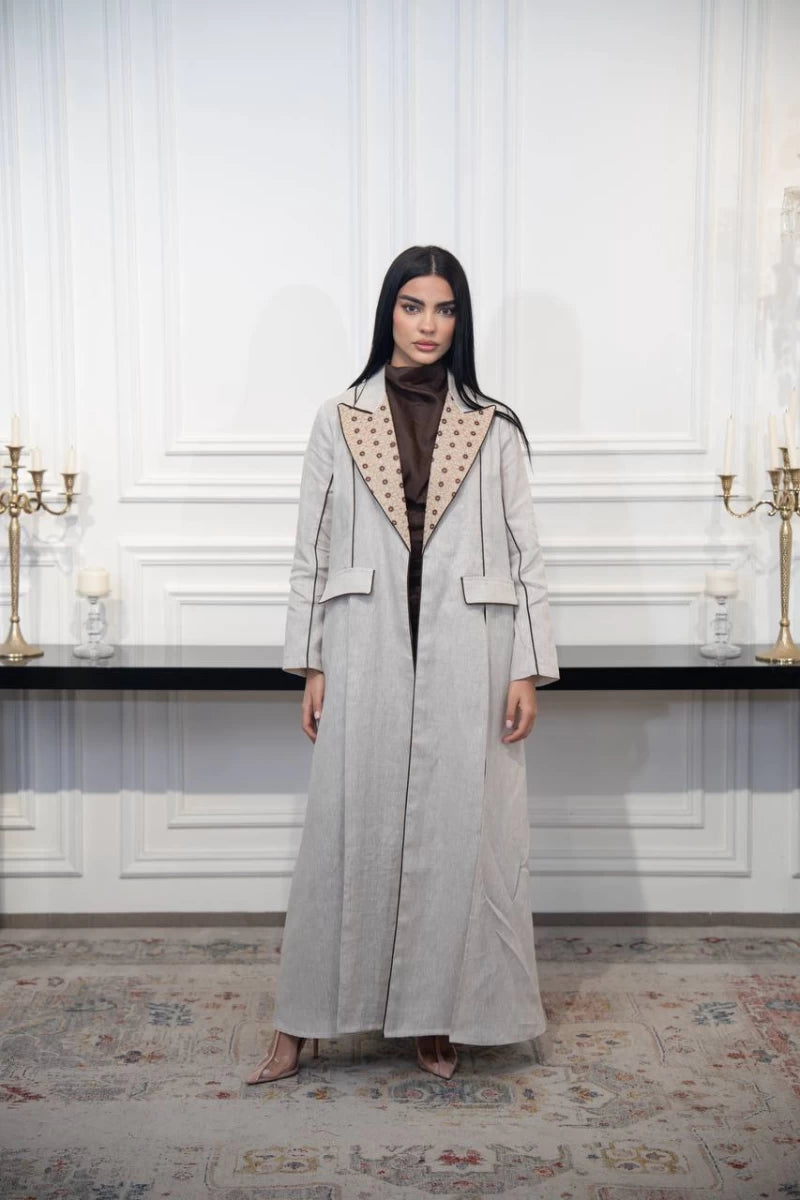 عباية بليزر كتان بيج مع تطريز C:IB329 بيج