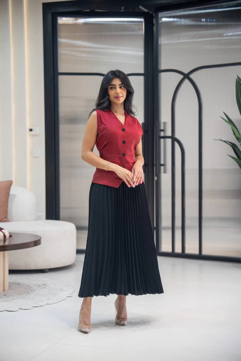 Linen dress with crepe C:IB1015 Red Black