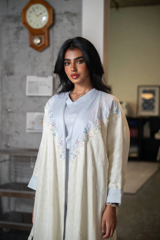 Lemon-colored abaya bisht made of natural linen with hand embroidery C:IB335 (Free size)