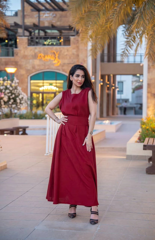 فستان من الكتان باللون العنابي C:IB1086 