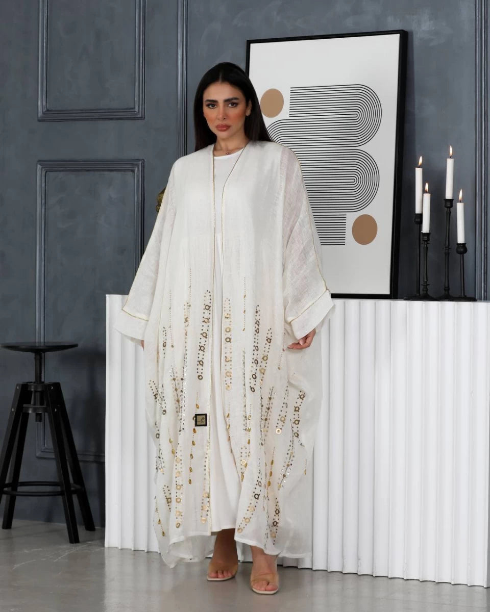عباية كتان بيضاء مع تطريز يدوي IB137 أبيض (مقاس واحد) 