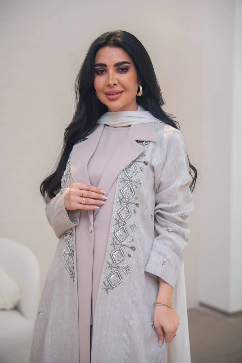 Beige linen and crepe blazer abaya with hand embroidery C:IB323 Beige