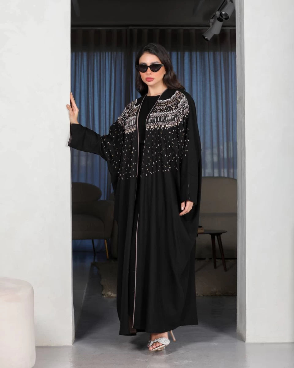 عباية كتان سوداء مع شك IB142أسود (مقاس واحد) 