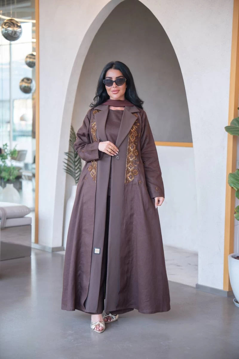 Brown blazer abaya in linen with crepe and hand embroidery C:IB323 Brown