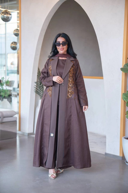 Brown blazer abaya in linen with crepe and hand embroidery C:IB323 Brown