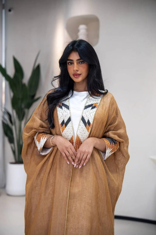 Camel-colored burlap bisht abaya with embroidery C:IB310 (Free size)