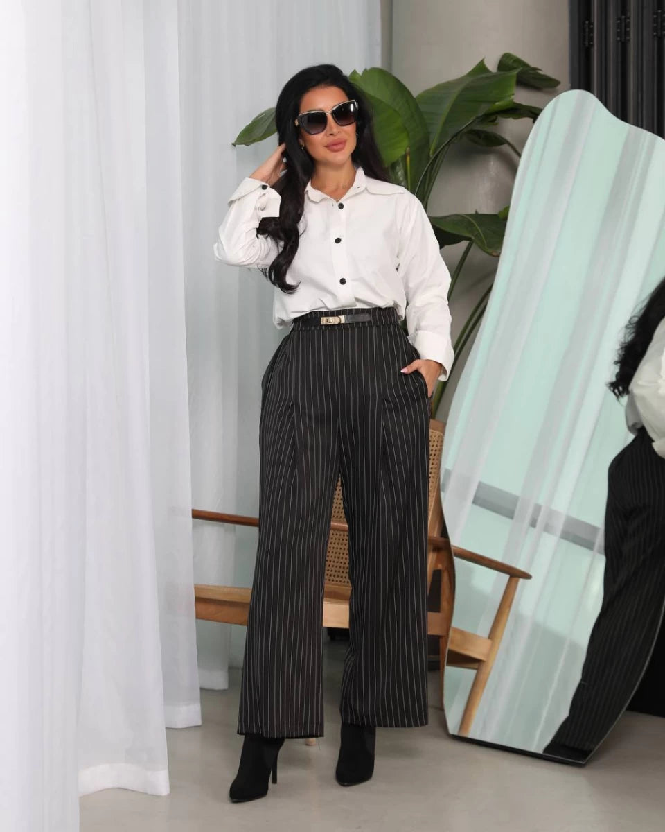 White cotton shirt with black striped pants set IB1046 (S)