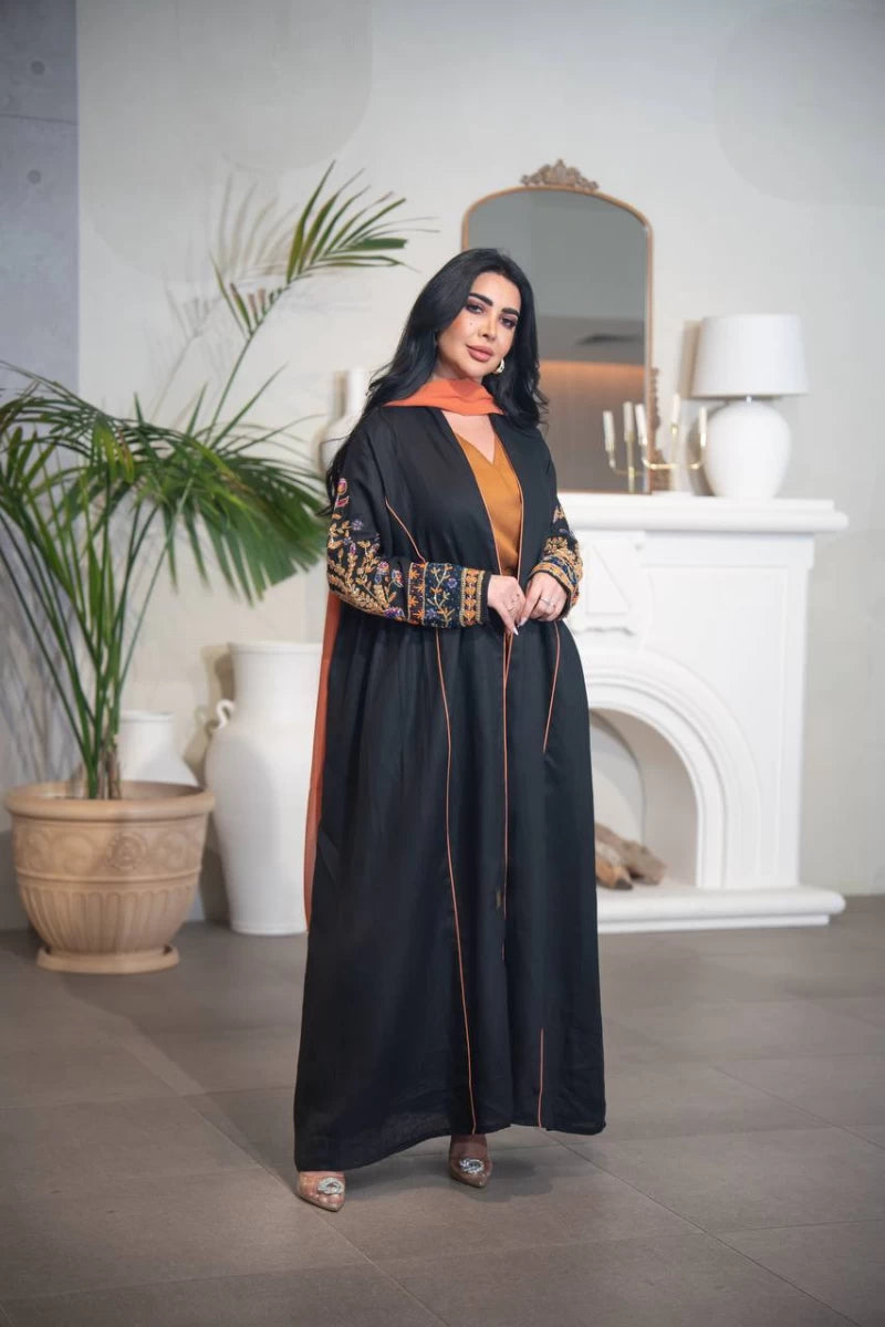 Black linen abaya with hand embroidery C:IB318