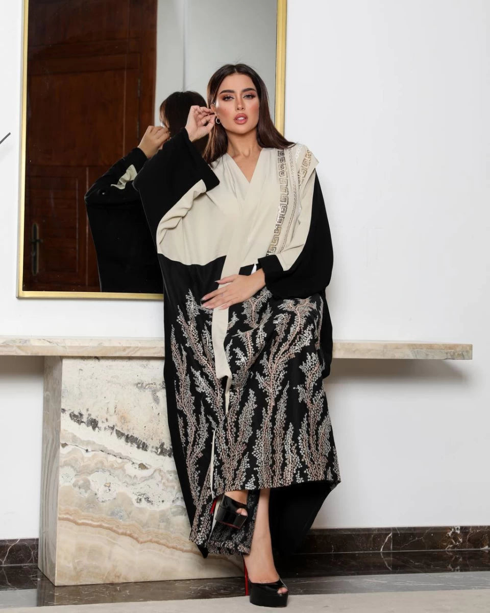 Black and beige crepe abaya with embroidery IB190 (Free size)