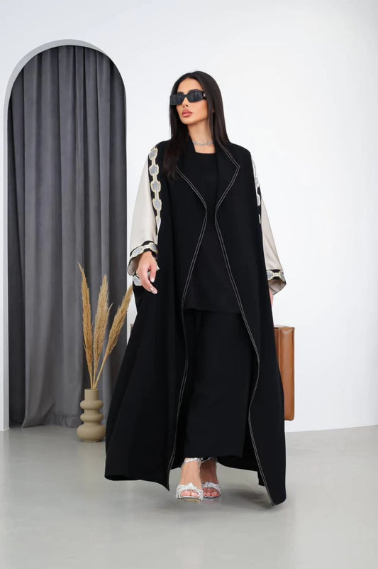 Cuba Crepe Abaya with Silk Crepe in Black and Beige IB158 Black (Free size)
