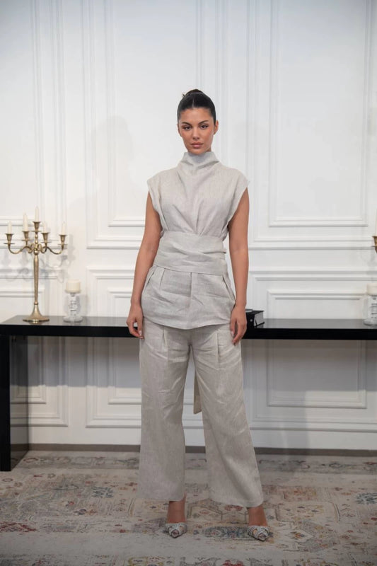 طقم بلوزة وبنطلون كتان بيج C:IB1094 بيج