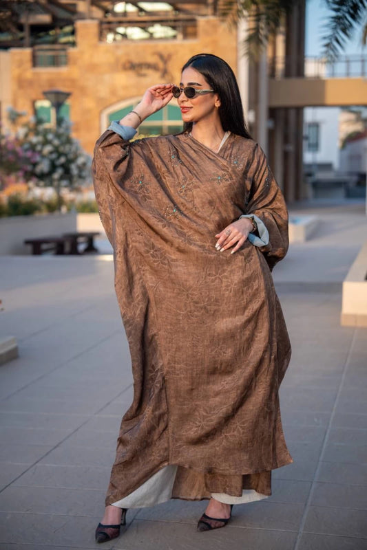 Brown crepe jacquard abaya C:IB312 (Free size)