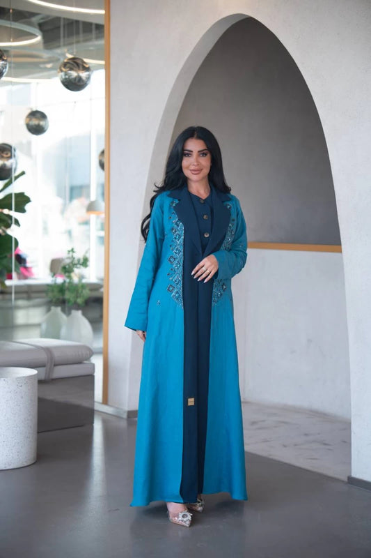 Blue blazer abaya made of linen with crepe on the front C:IB323 Blue