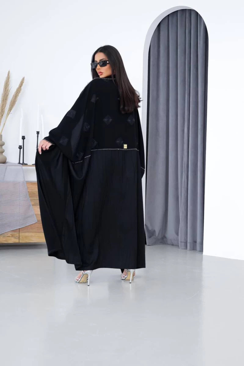 Bisht with Cuban crepe material with crystal silk in black IB272 (Free size)