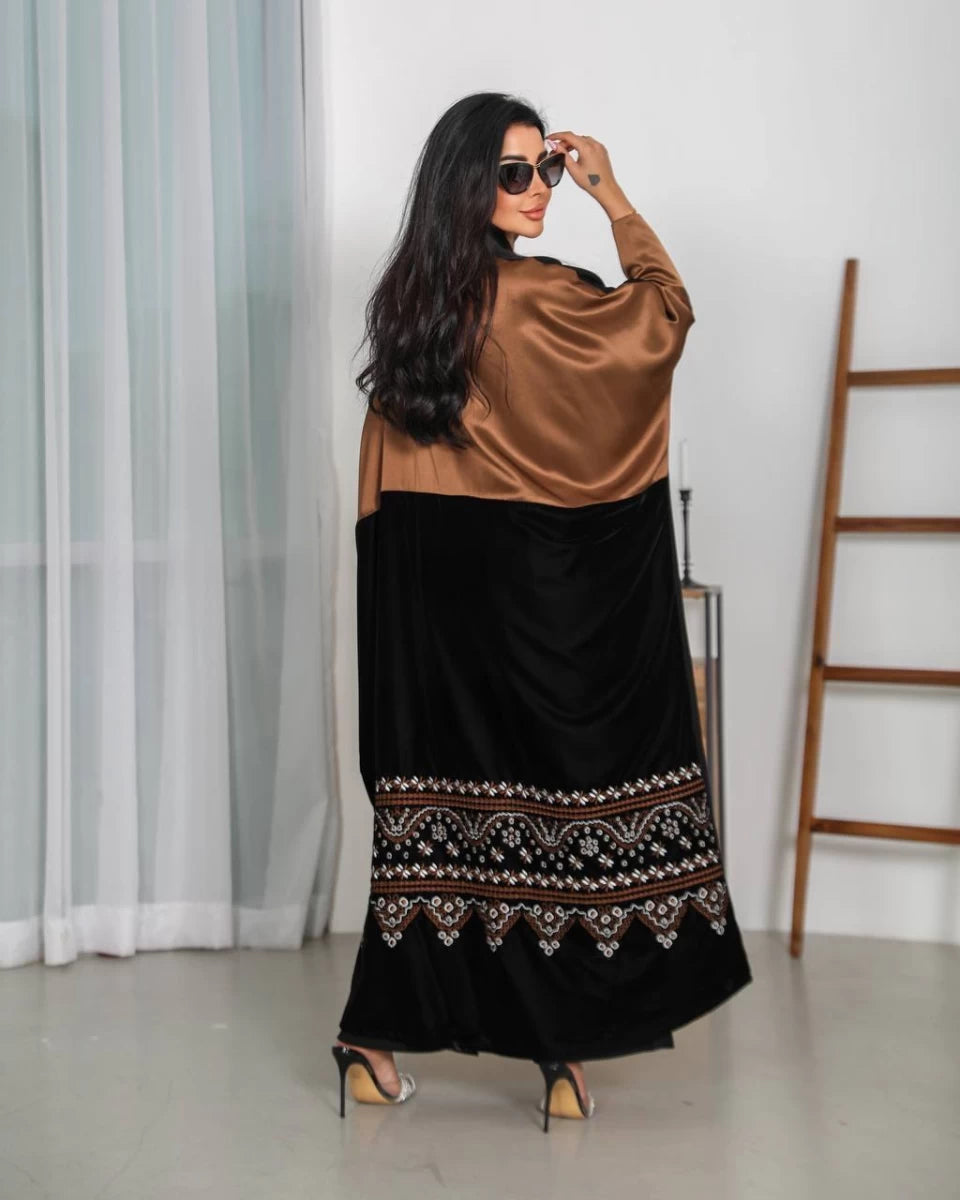 Crepe Abaya with embroidered velvet with brown silk crepe IB254 (Free size)