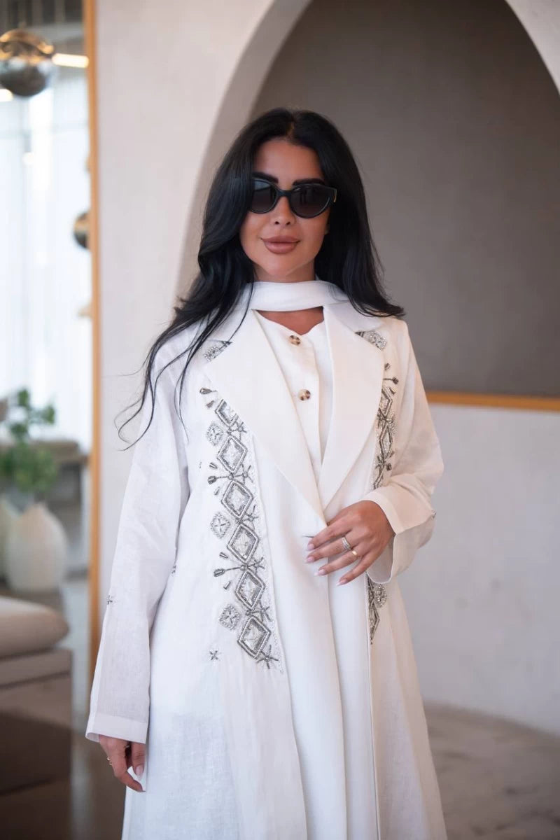 White linen and crepe blazer abaya with hand embroidery C:IB323 White
