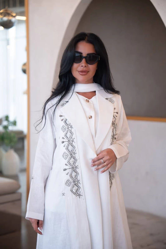 White linen and crepe blazer abaya with hand embroidery C:IB323 White