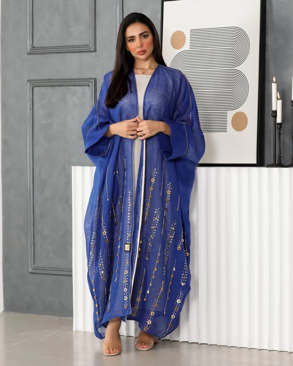 Blue linen abaya with hand embroidery IB137 Blue (Free size)