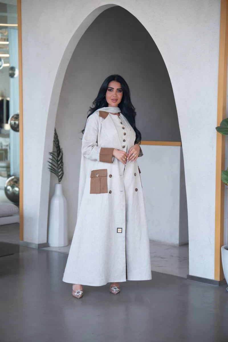 عباية بليزر من الكتان البيج مع تفاصيل بنية C:IB322 