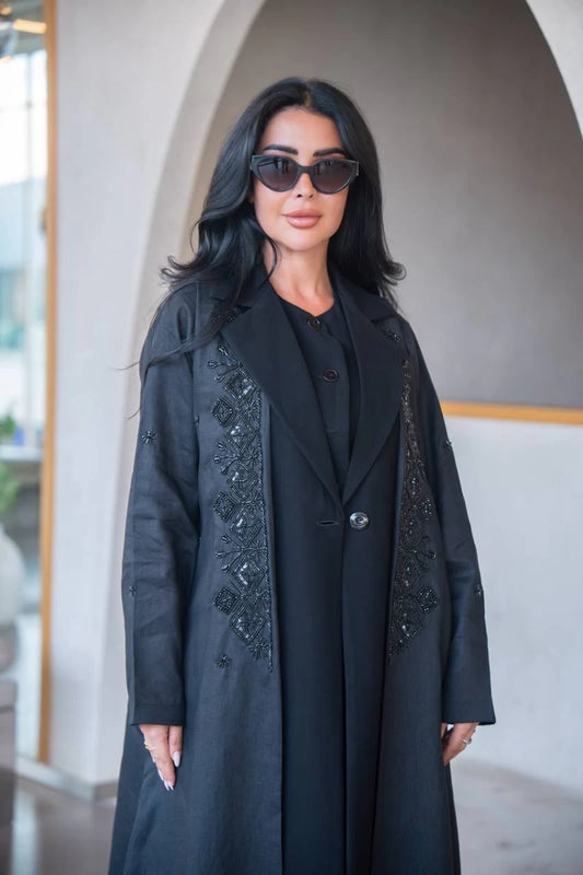 Black blazer abaya made of linen and crepe with hand embroidery C:IB323 Black