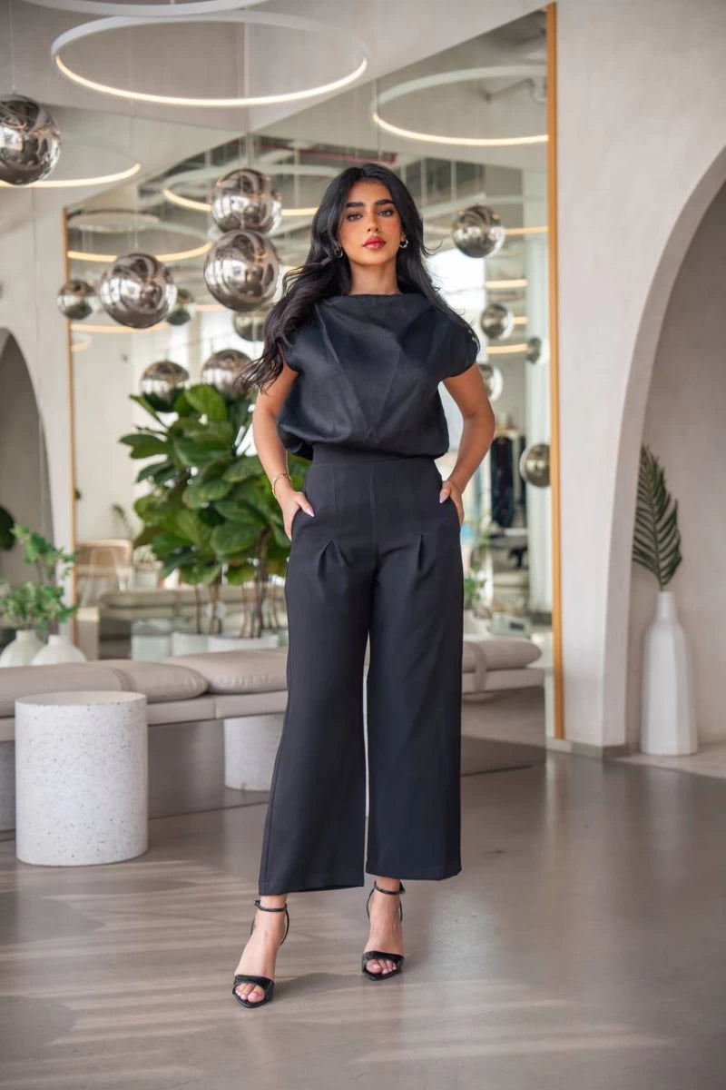 Linen blouse and crepe pants set, black C:IB1001 (S)