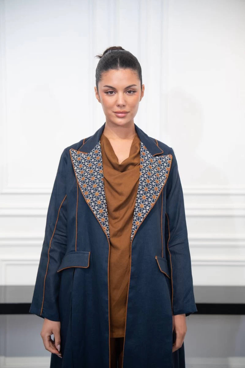 عباية بليزر كتان كحلي مع تطريز C:IB329 كحلي 