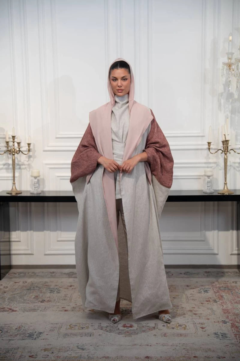 عباية كتان مقاس حر باللون البيج والبني C:IB326 (مقاس حر)