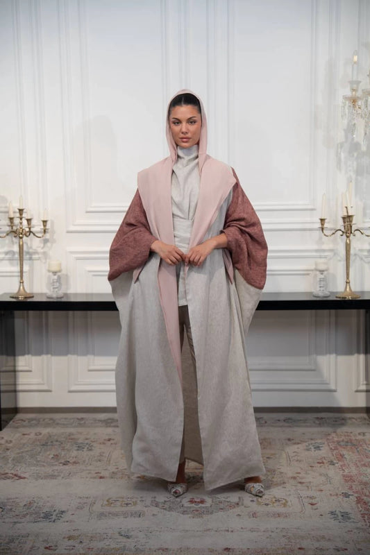 عباية كتان مقاس حر باللون البيج والبني C:IB326 (مقاس حر)