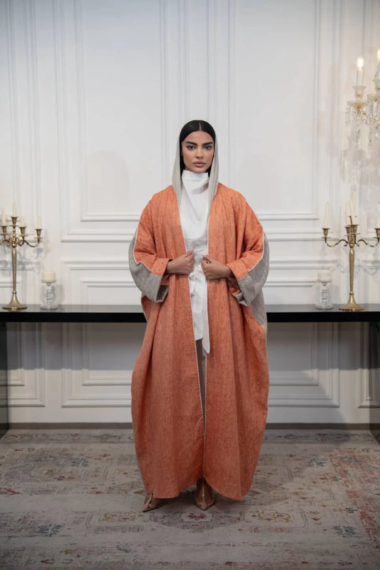 عباية كتان مخططة باللونين البرتقالي والبيج C:IB325 برتقالي (مقاس واحد) 