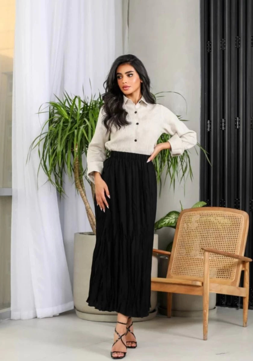 Cotton blouse and plissé skirt with raw linen IB1016 (S)