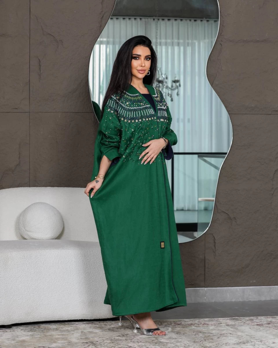 عباية كتان خضراء IB142 (مقاس واحد) 