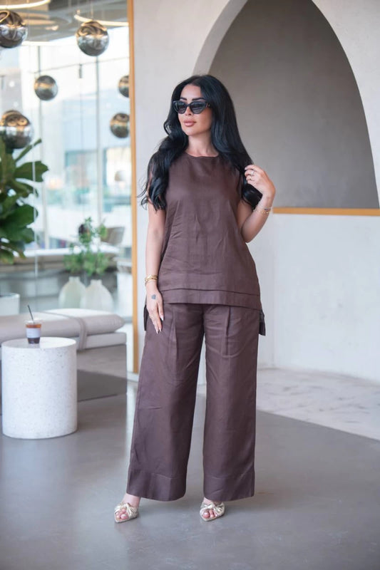 طقم بلوزة وبنطلون من الكتان البني C:IB1091 