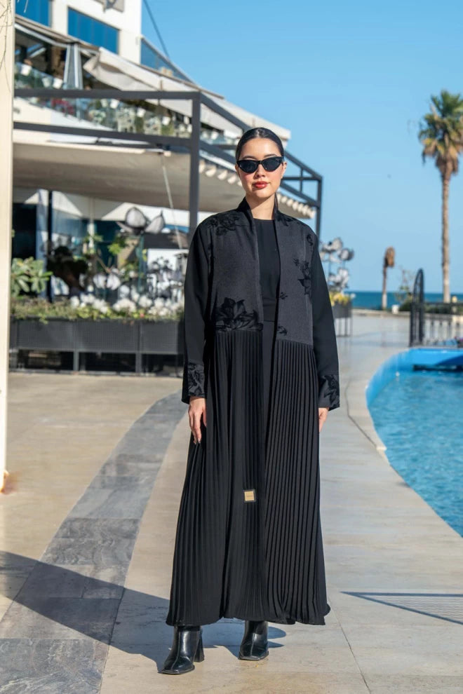 Crepe and pleated abaya with printed cotton velvet IB267