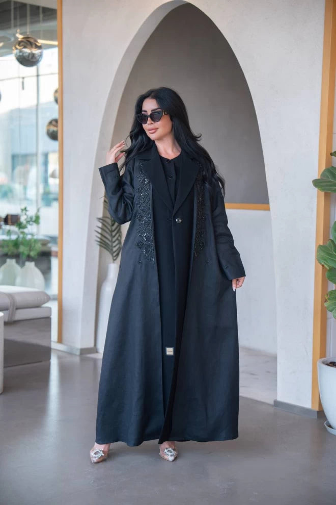 Black blazer abaya made of linen and crepe with hand embroidery C:IB323 Black
