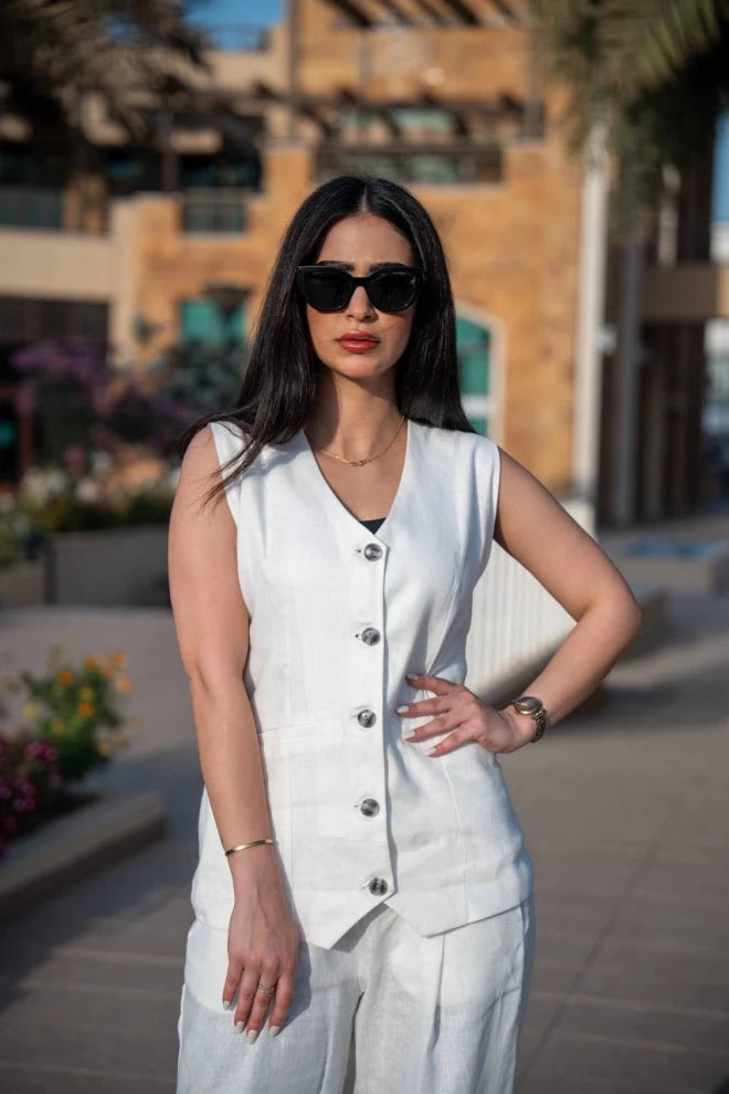 طقم سترة وبنطلون من الكتان الأبيض C:IB1085 أبيض 